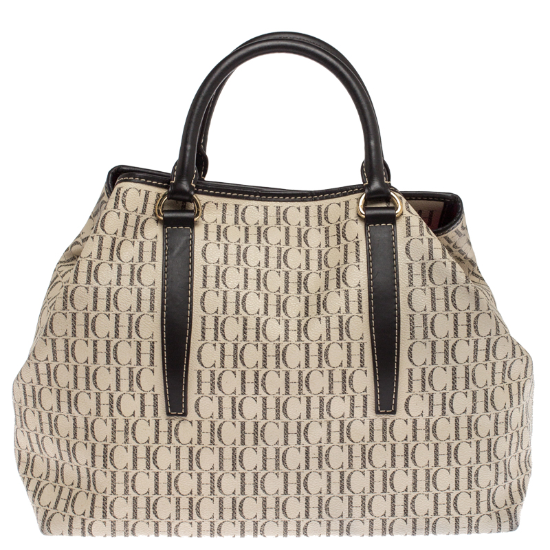 Pre Owned Carolina Herrera White/Brown Monogram PVC and Leather Shopper Tote
