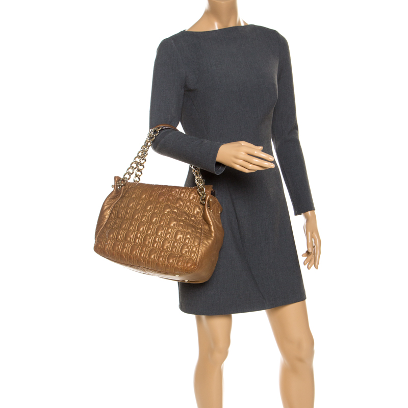 

Carolina Herrera Metallic Brown Monogram Leather Tote
