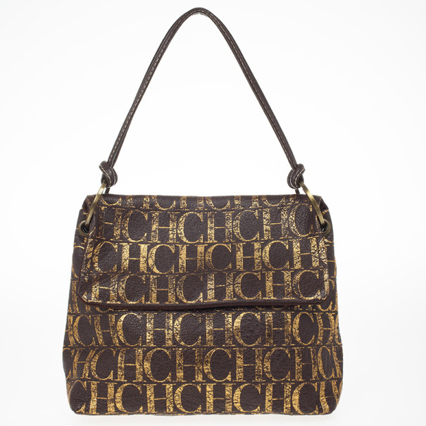 Pre Owned Carolina Herrera Metallic Monogram CH Leather Satchel