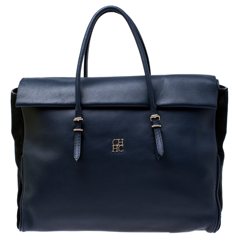 Pre Owned Carolina Herrera Navy Blue/Black Leather Flap Satchel