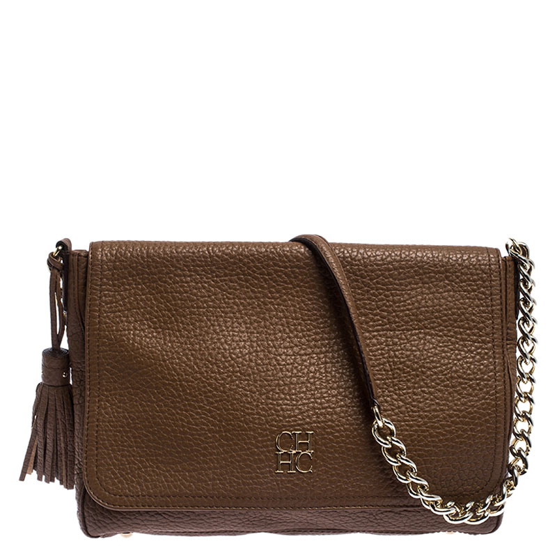 Pre Owned Carolina Herrera Brown Leather Tassel Shoulder Bag