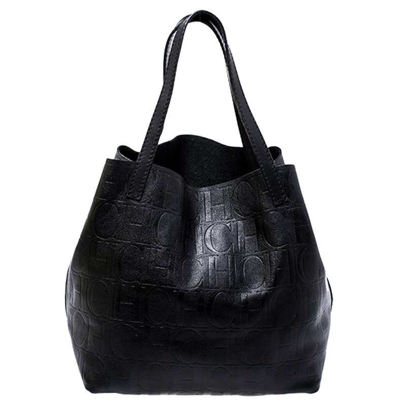 Pre Owned Carolina Herrera Black Monogram Leather Matryoshka Tote