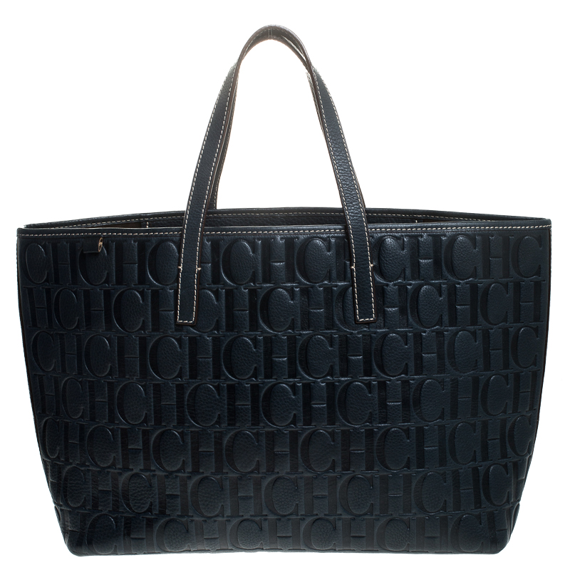 Pre Owned Carolina Herrera Navy Blue Monogram Leather Shopper Tote