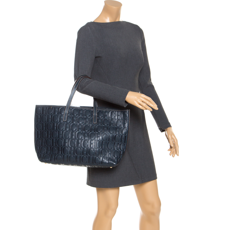 

Carolina Herrera Navy Blue Monogram Leather Shopper Tote