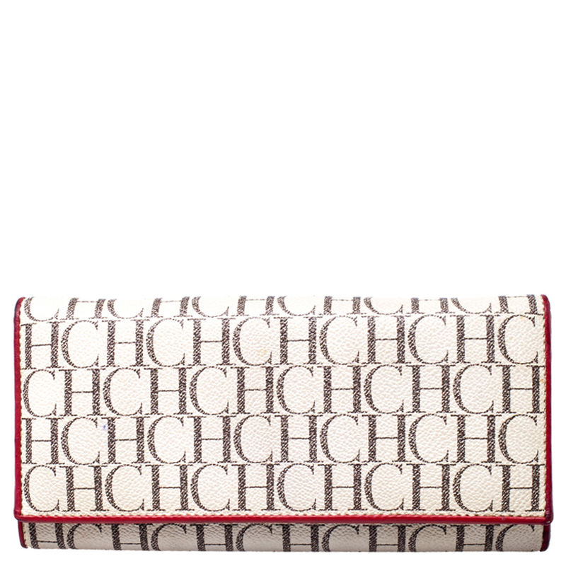 Pre Owned Carolina Herrera Beige/Red Monogram Coated Canvas Continental Wallet