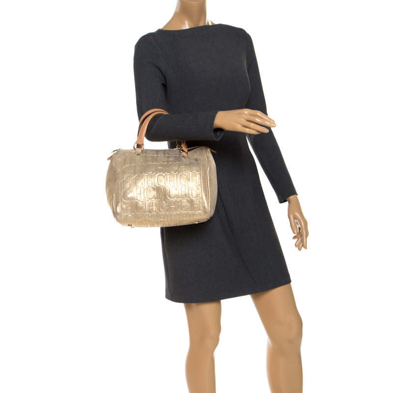 

Carolina Herrera Gold Metallic Monogram Leather Andy Boston Bag