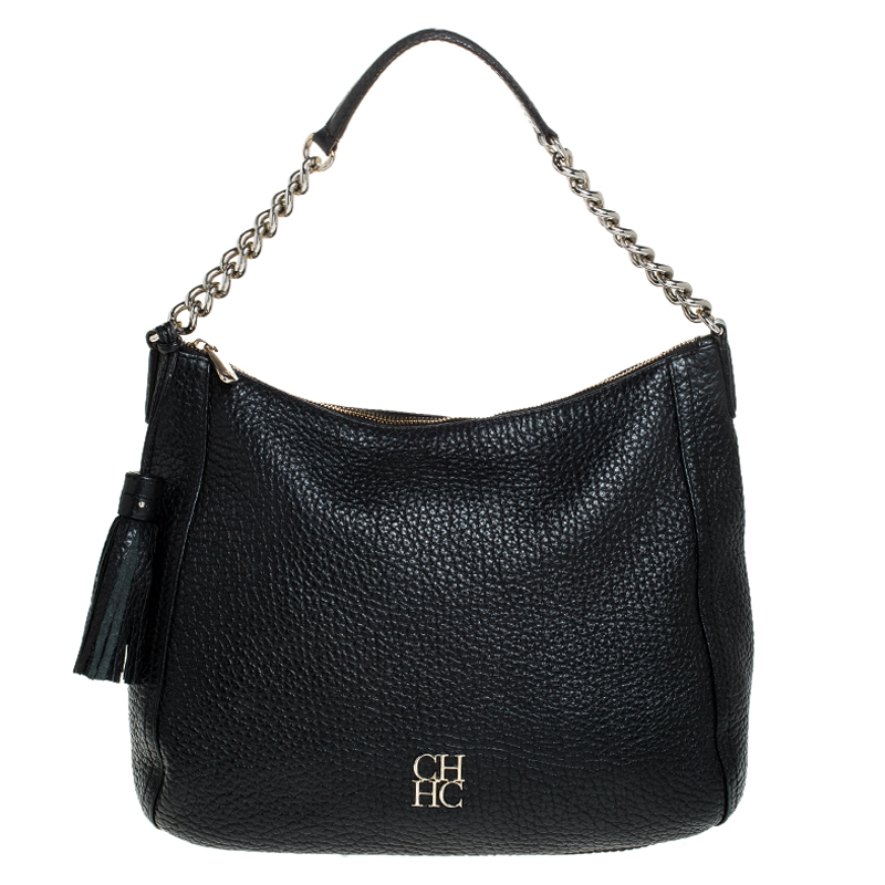 Pre Owned Carolina Herrera Black Leather Tassel Chain Hobo