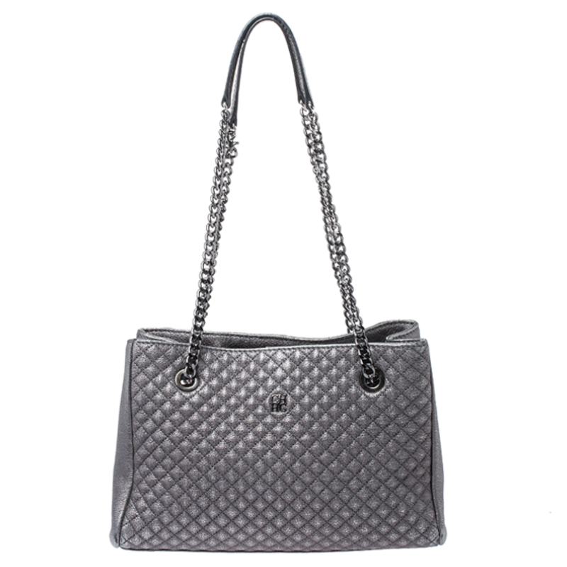 Pre-owned Carolina Herrera Metallic Grey Micro Quilted Leather Chain Tote