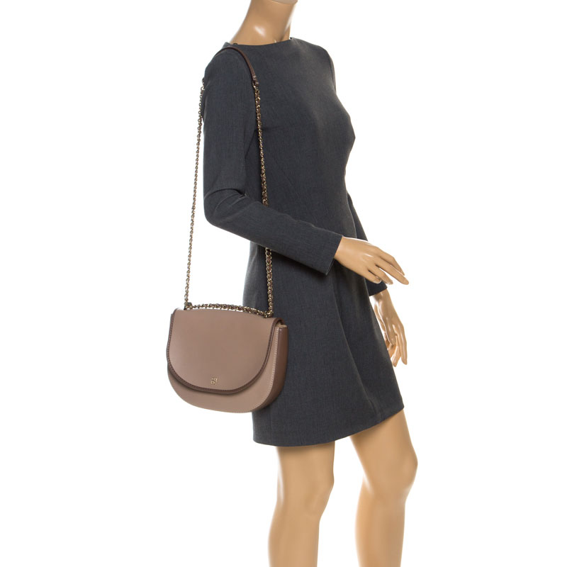 

Carolina Herrera Beige/Brown Leather Flap Chain Shoulder Bag