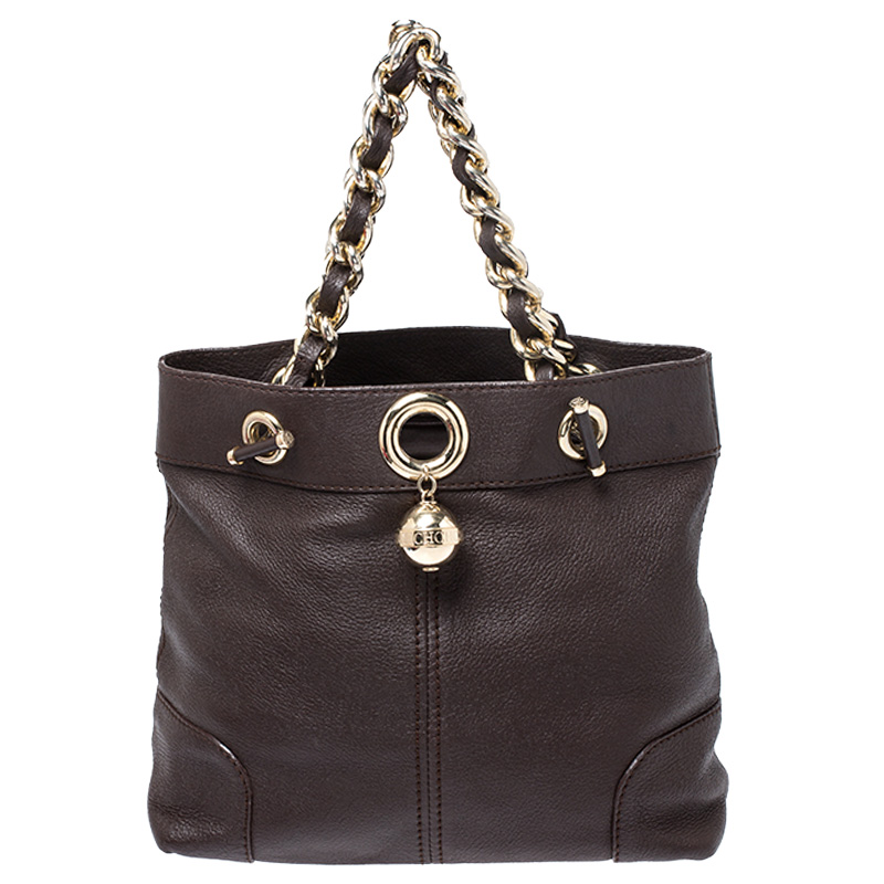 Pre Owned Carolina Herrera Brown Leather Chain Handle Tote Bag