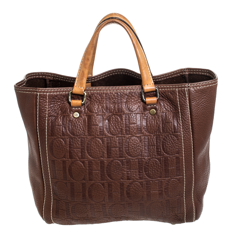 مملوكة مسبقًا Carolina Herrera Brown Monogram Leather Andy Tote