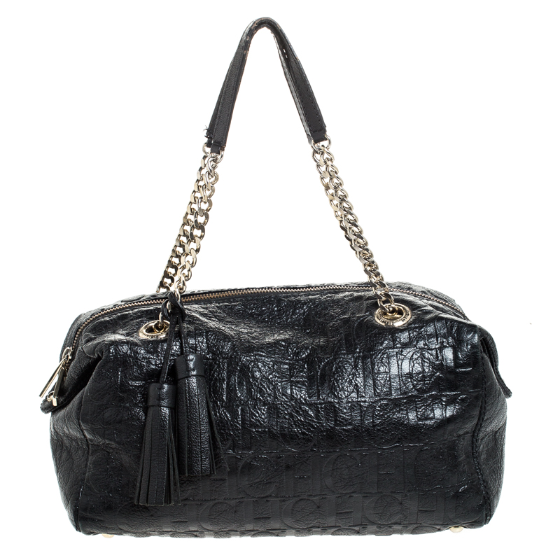 Pre Owned Carolina Herrera Black Monogram Leather Tassel Satchel
