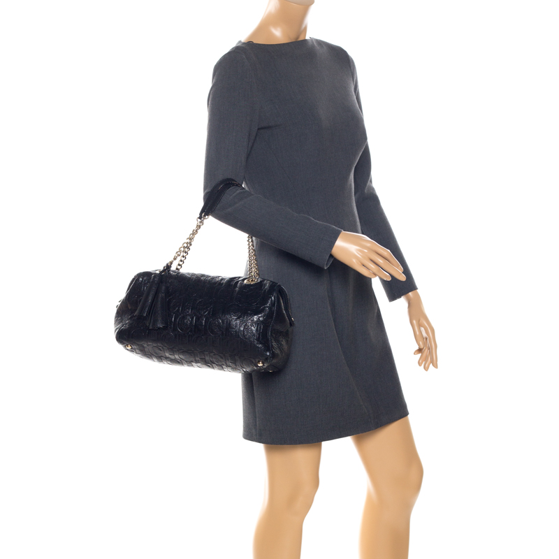 

Carolina Herrera Black Monogram Leather Tassel Satchel