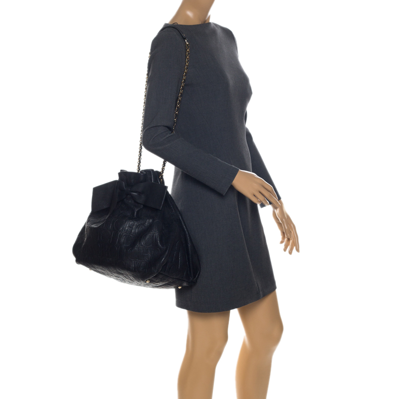 

Carolina Herrera Black Embossed Leather Bow Bucket Shoulder Bag