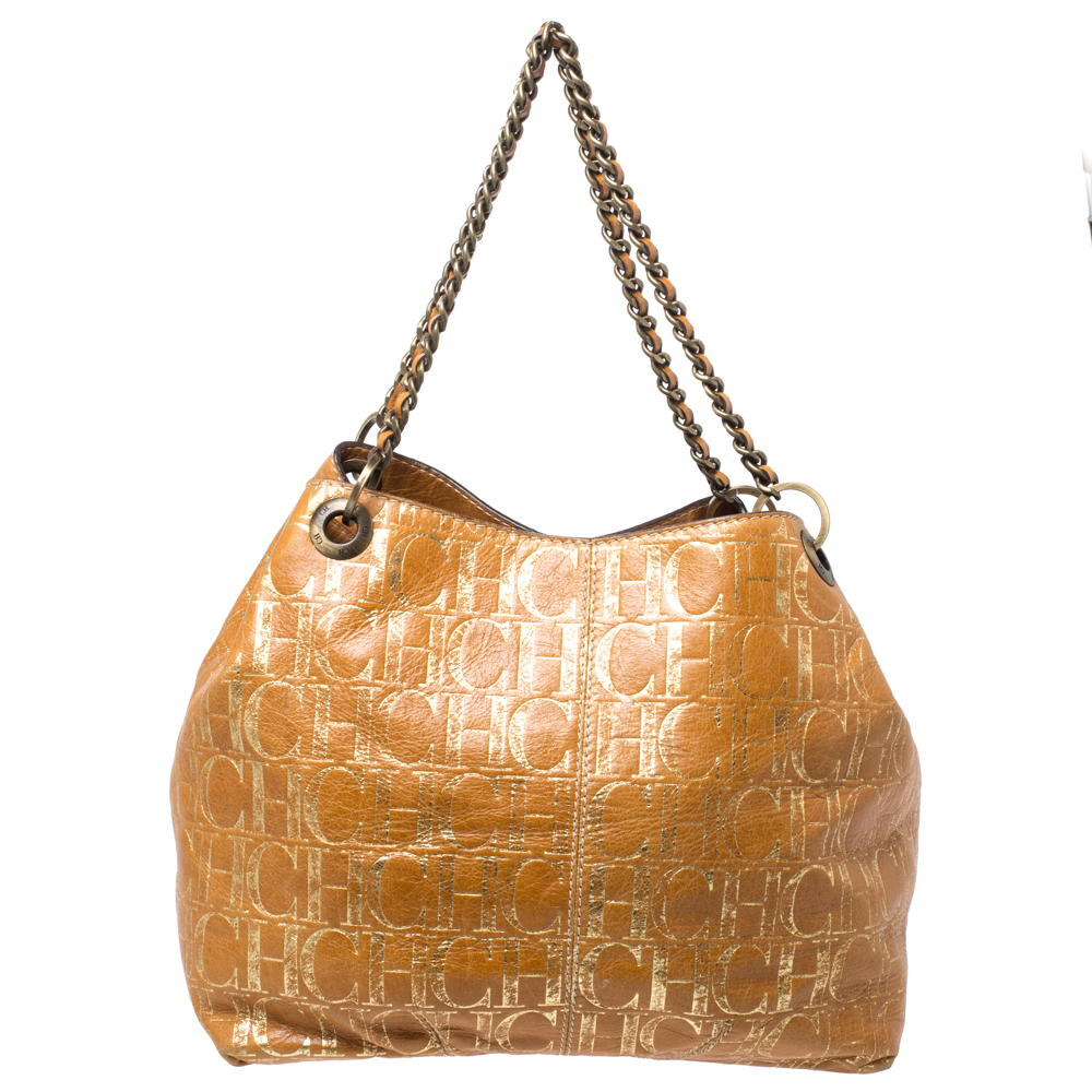Carolina Herrera Brown/Gold Monogram Leather Chain Shoulder Bag ...