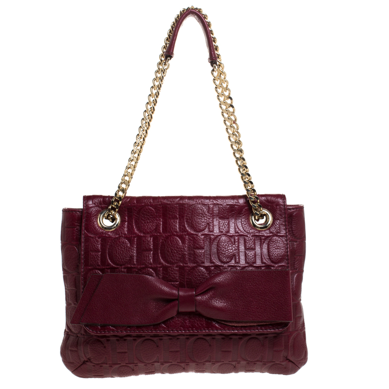 Pre Owned Carolina Herrera Burgundy Monogram Leather Audrey Shoulder Bag