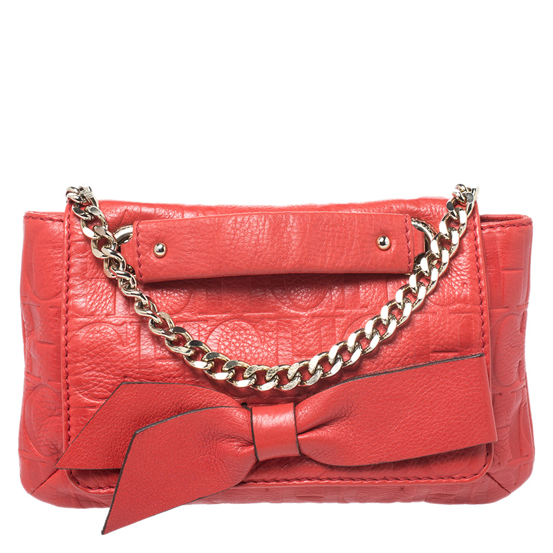 Carolina Herrera Orange Monogram Leather Audrey Shoulder Bag