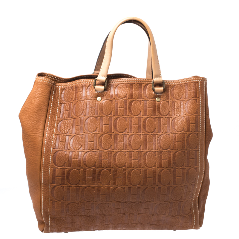 Carolina Herrera Brown Monogram Leather Shopper Tote