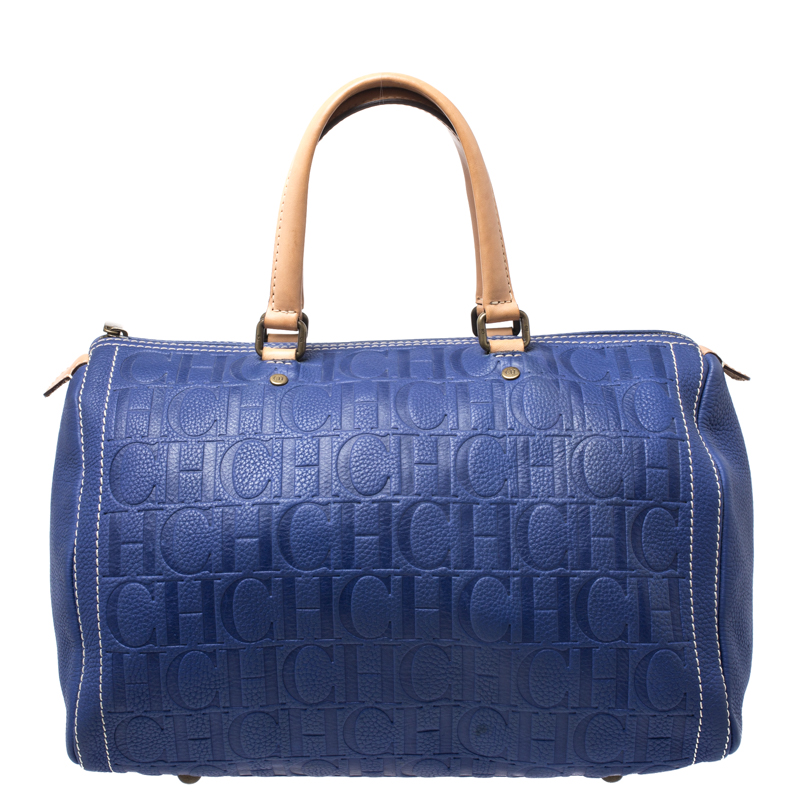 Pre Owned Carolina Herrera Purple Monorgam Embossed Leather Large Andy Boston Bag