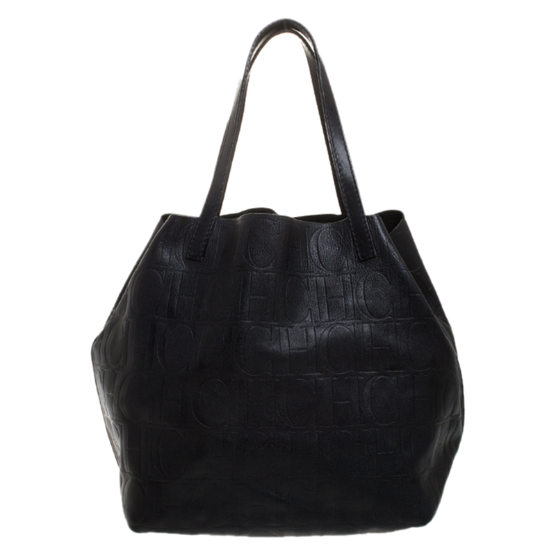 Pre Owned Carolina Herrera Black Monogram Leather Matryoshka Tote