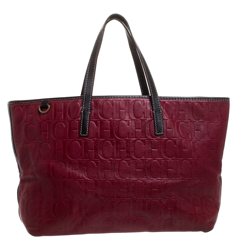 Pre Owned Carolina Herrera Red/Dark Brown Monogram Embossed Leather Shopper Tote