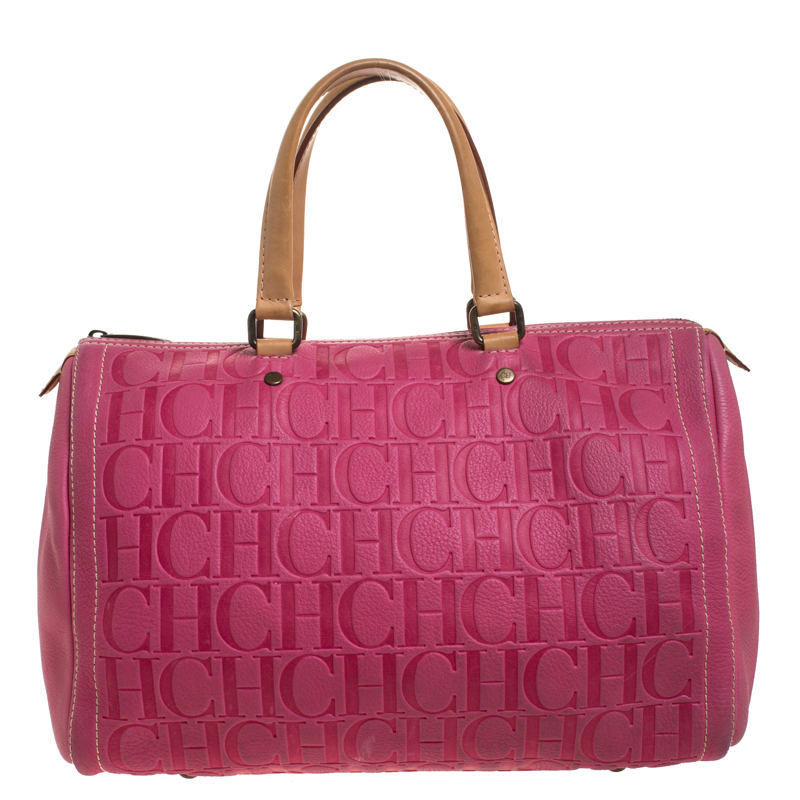 Pre Owned Carolina Herrera Pink Monogram Leather Large Andy Boston Bag