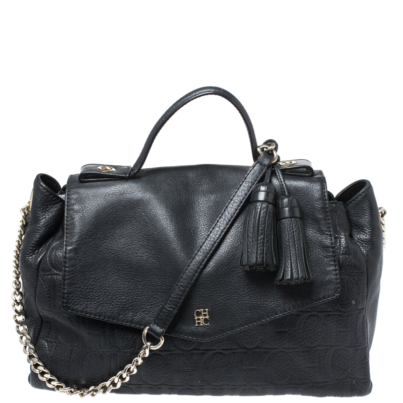 Carolina Herrera Black Leather Tassel Top Handle Bag