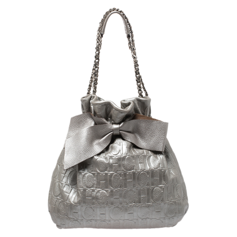Pre Owned Carolina Herrera Metallic Silver Embossed Leather Bow Bucket Shoulder Bag