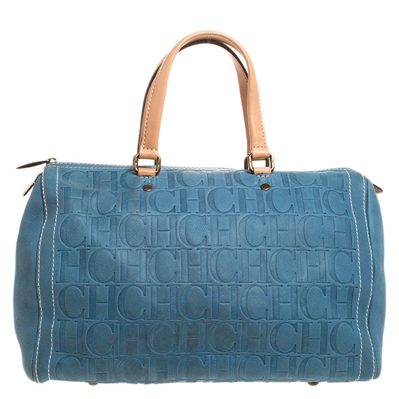 Carolina Herrera Light Blue Monogram Leather Large Andy Boston Bag ...
