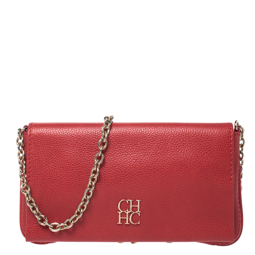 Carolina Herrera Quilted Red Leather Shoulder Bag with Chain Strap and  Wallet