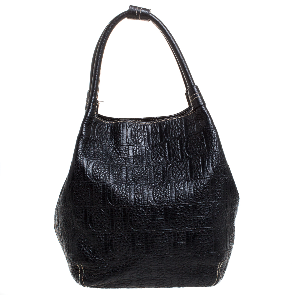 Pre Owned Carolina Herrera Black Monogram Leather Shoulder Bag