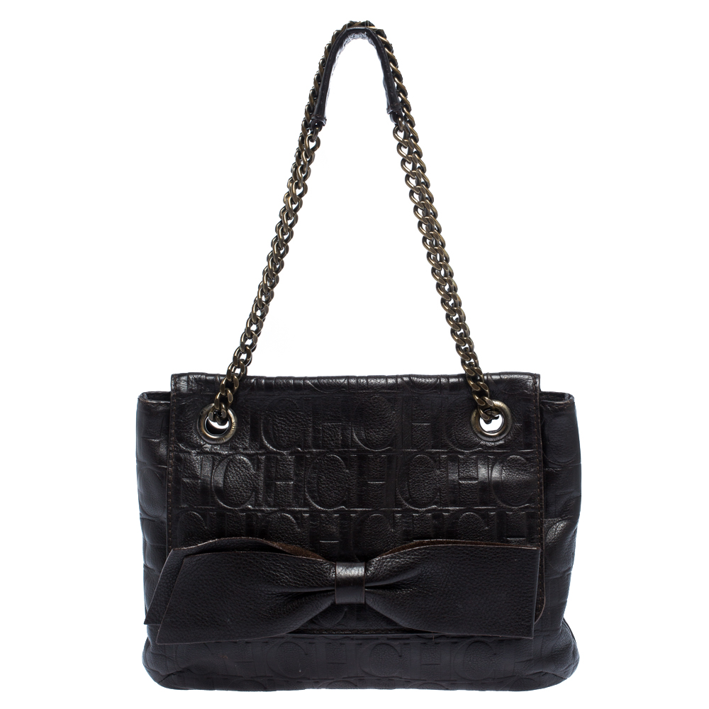 Pre Owned Carolina Herrera Brown Monogram Leather Audrey Shoulder Bag