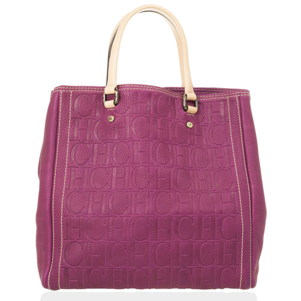 Pre Owned Carolina Herrera Leather Purple CH Monogram Tote