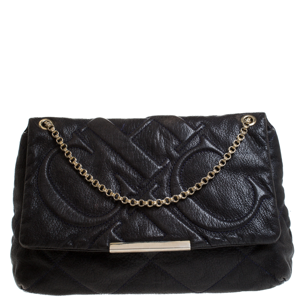 Pre Owned Carolina Herrera Navy Blue Leather Flap Shoulder Bag