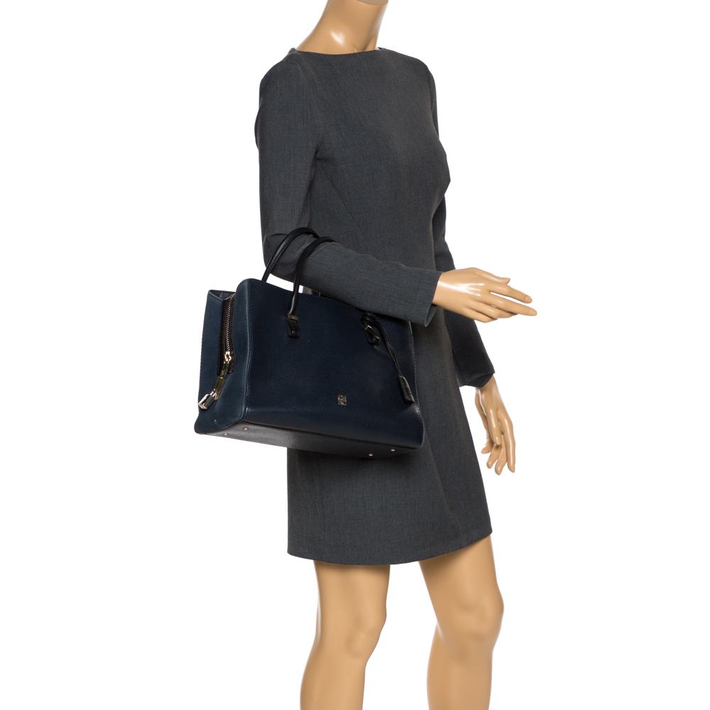 

Carolina Herrera Navy Blue/Black Leather Zip Tote