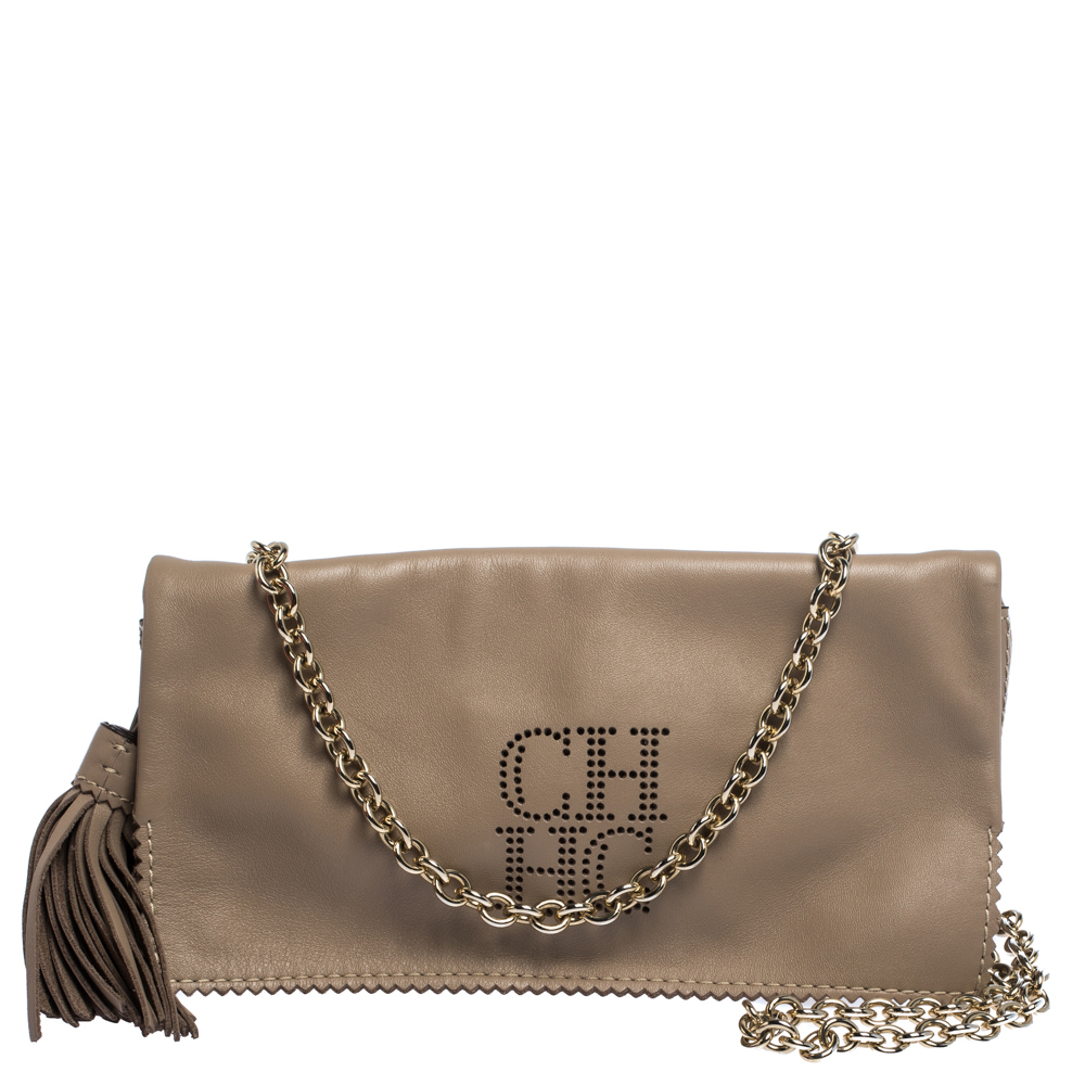 Pre Owned Carolina Herrera Beige Perforated Logo Leather Flap Tassel Shoulder Bag