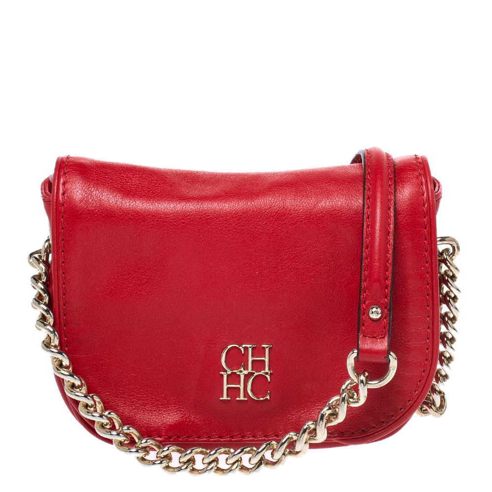 Pre Owned Carolina Herrera Red Leather Flap Crossbody Bag