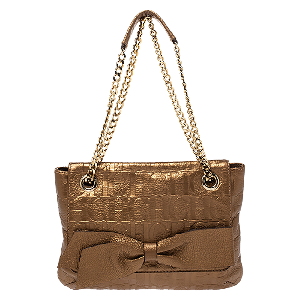 Carolina Herrera Metallic Gold Monogram Leather Audrey Shoulder Bag ...