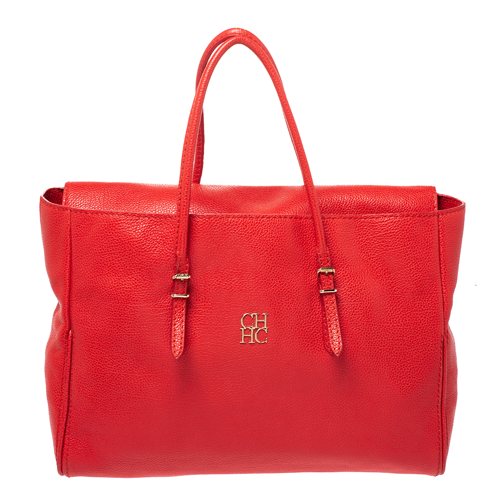 Pre Owned Carolina Herrera Orange Leather Flap Satchel