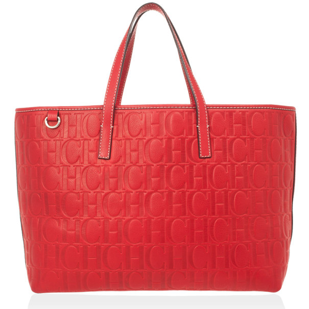 Carolina Herrera Red Embossed Leather Shopping Collection Tote 