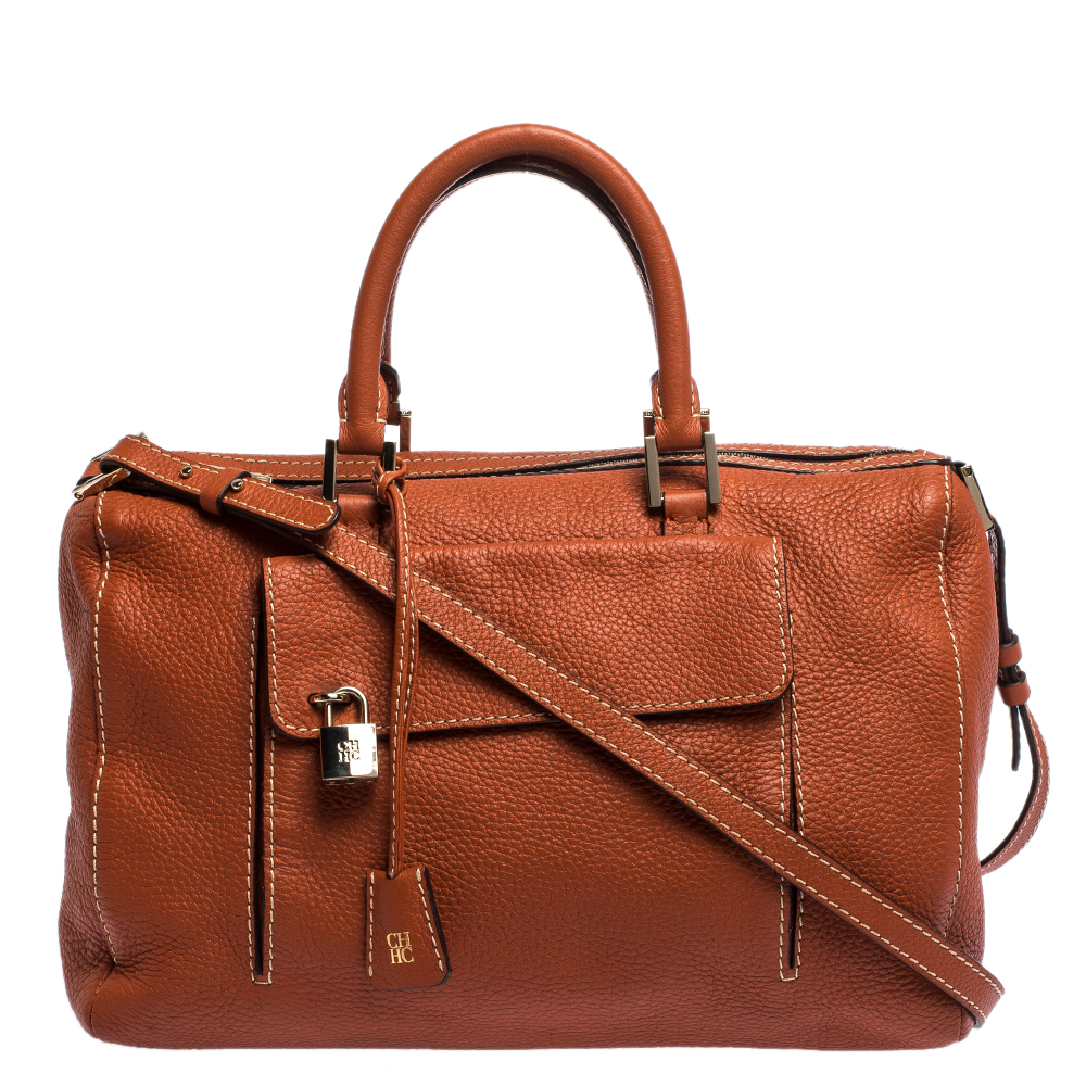 Carolina Herrera Cinnamon Brown Leather Front Pocket Satchel