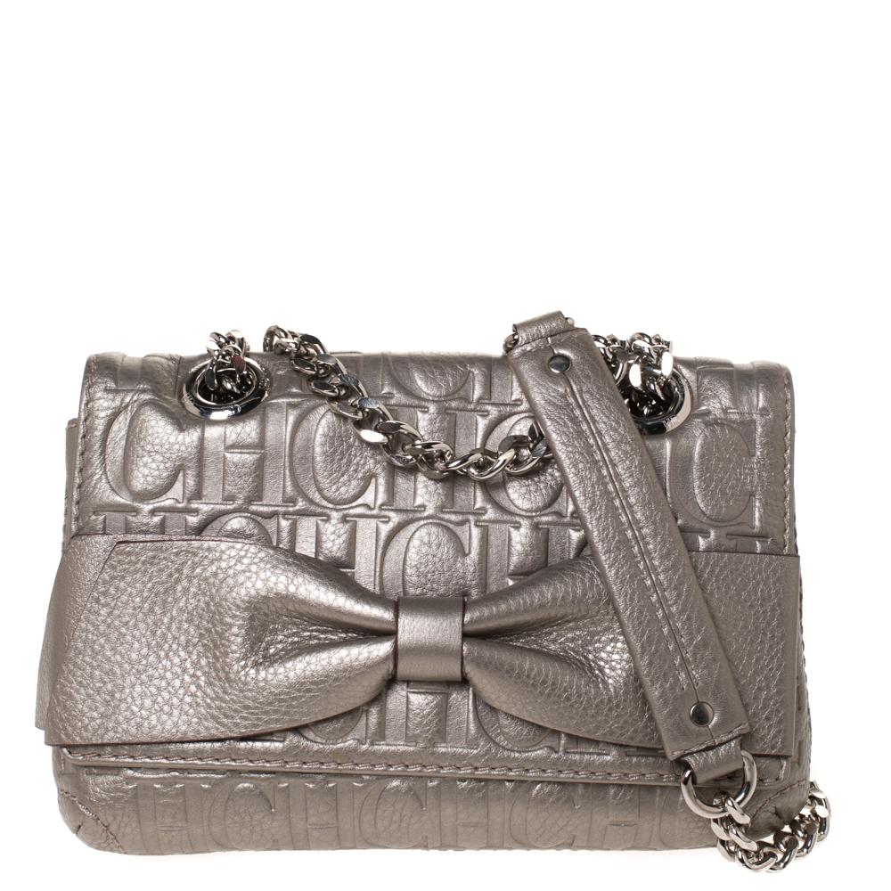 Pre Owned Carolina Herrera Grey Monogram Leather Audrey Shoulder Bag