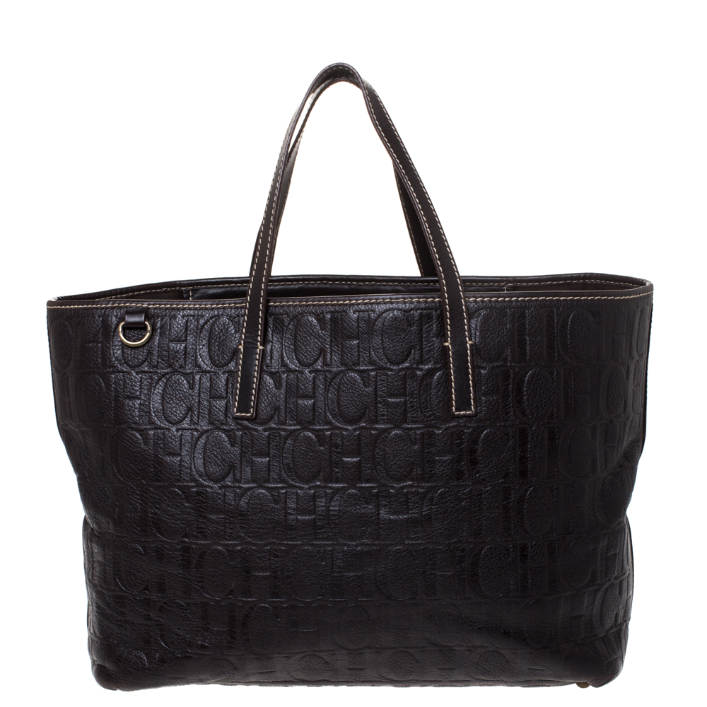 Pre Owned Carolina Herrera Dark Brown Monogram Embossed Leather Tote