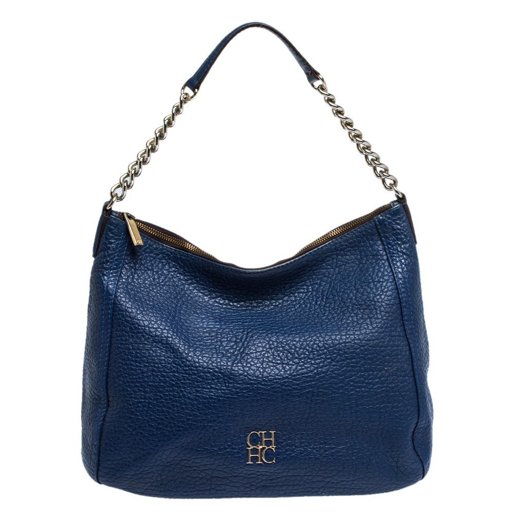 Pre Owned Carolina Herrera Blue Leather Chain Hobo