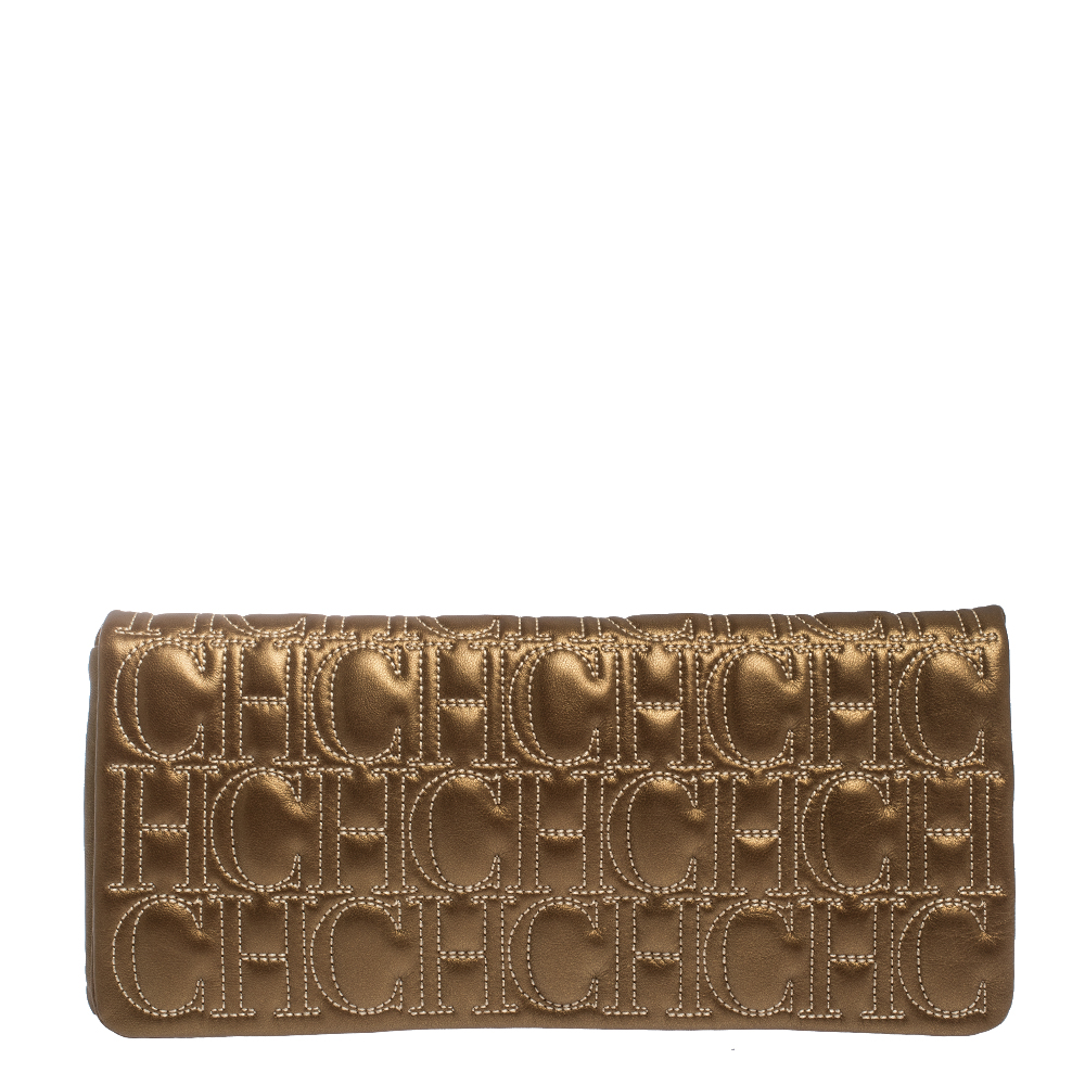 Carolina Herrera Gold Monogram Leather Flap Clutch