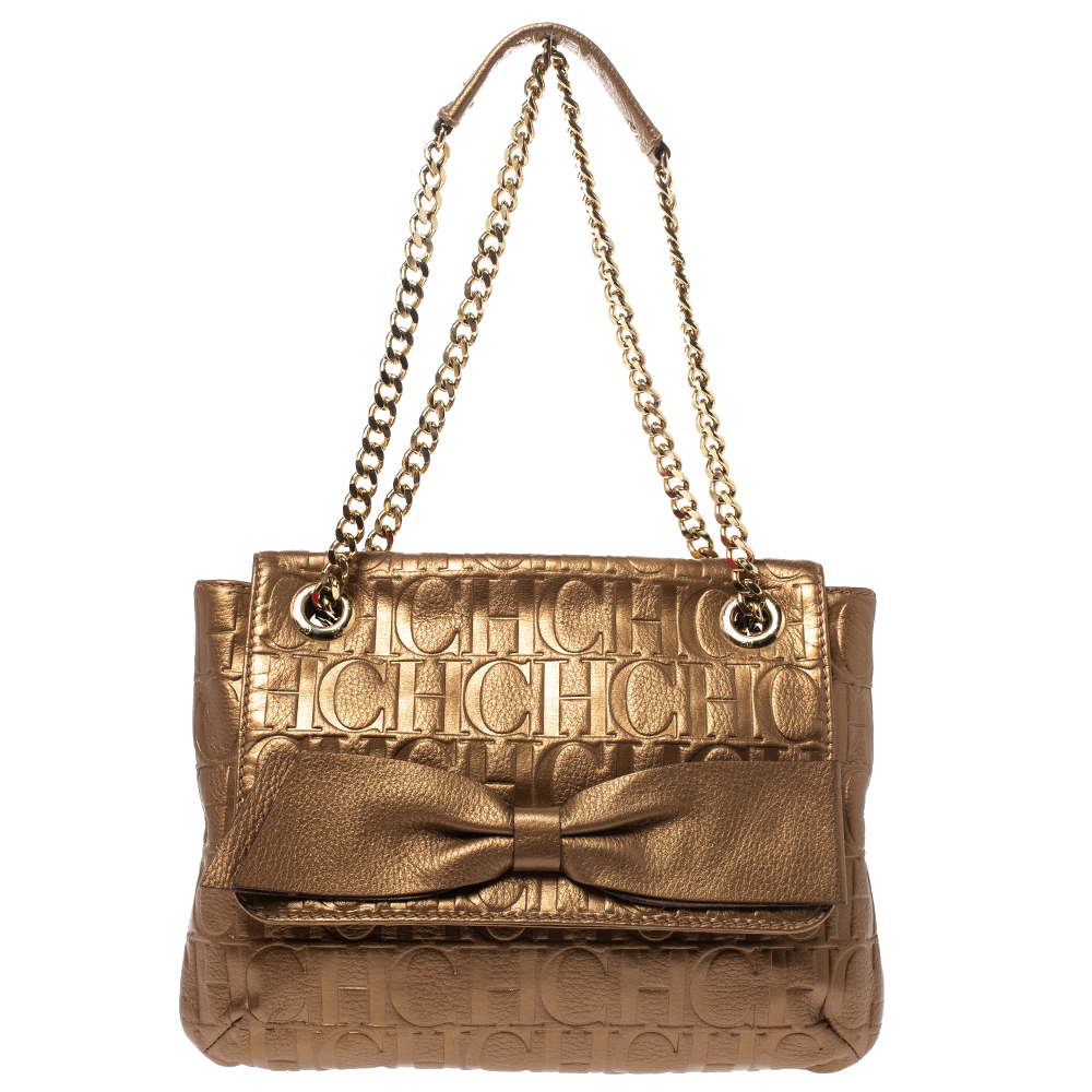 Carolina Herrera Gold Monogram Leather Audrey Shoulder Bag