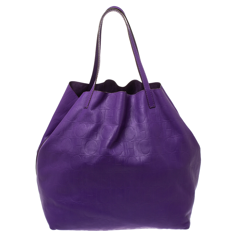 Pre Owned Carolina Herrera Purple Monogram Leather Shopper Tote