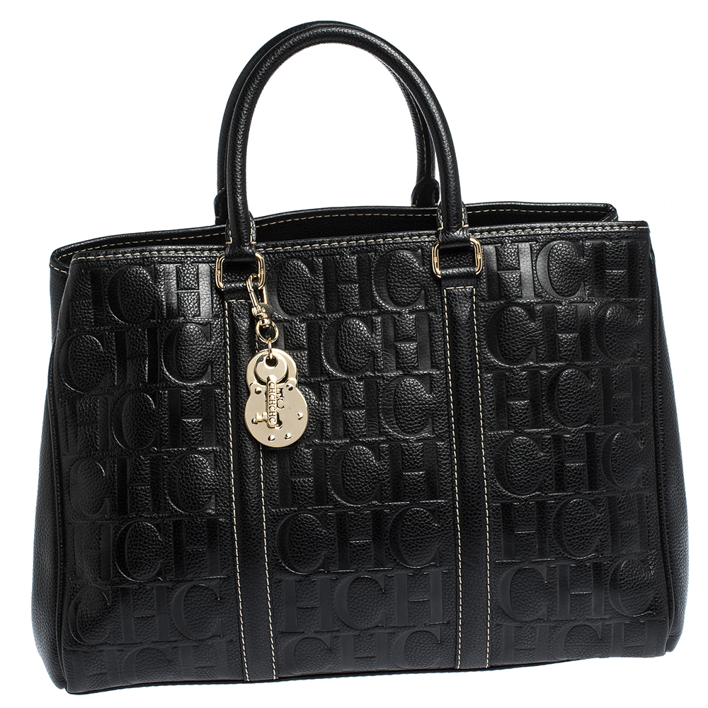 Pre Owned Carolina Herrera Black Monogram Leather Matteo Tote