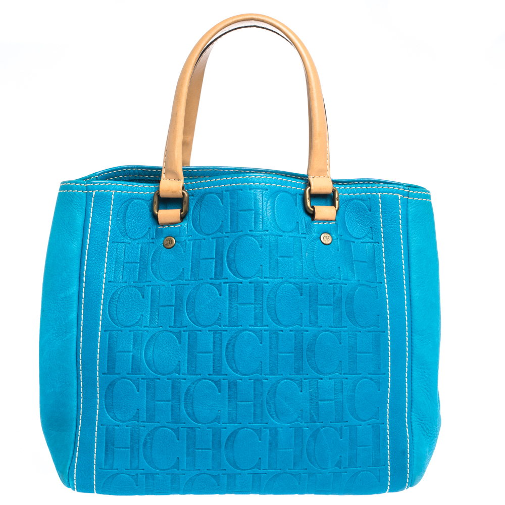 Pre Owned Carolina Herrera Blue Monogram Embossed Leather Tote