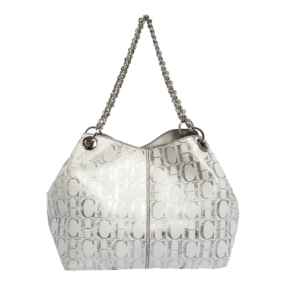 Pre Owned Carolina Herrera White/Silver Monogram Embossed Leather Chain Tote